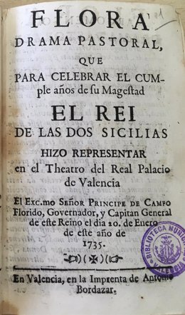 Portada del libreto de la ópera 'Flora' que se custodia en la Biblioteca Histórica Municipal de Valncia
