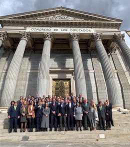 El grupo parlamentario de Vox posa ante la Puerta de los Leones del Congreso