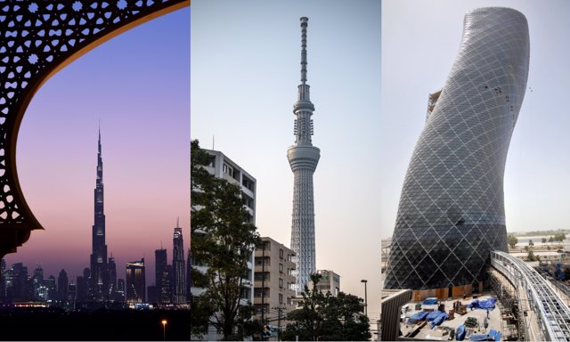 El Burj Khalifa (Emiratos Árabes Unidos), el Skytree (Japón) y el Capital Gate (Emiratos Árabes Unidos), de izquierda a derecha