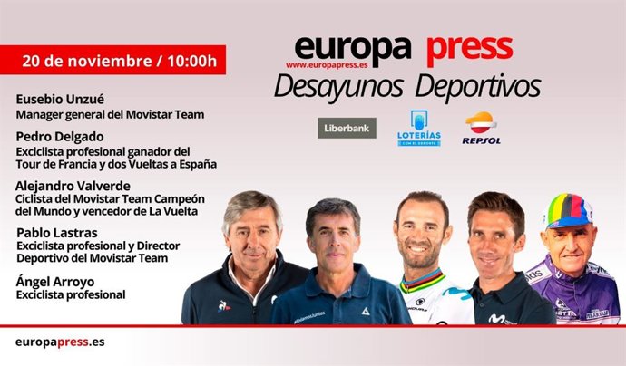 Eusebio Unzué, Pedro Delgado, Alejandro Valverde, Pablo Lastras y Ángel Arroyo celebran los 40 años 'De Reynolds a Movistar' en los Desayunos Deportivos de Europa Press