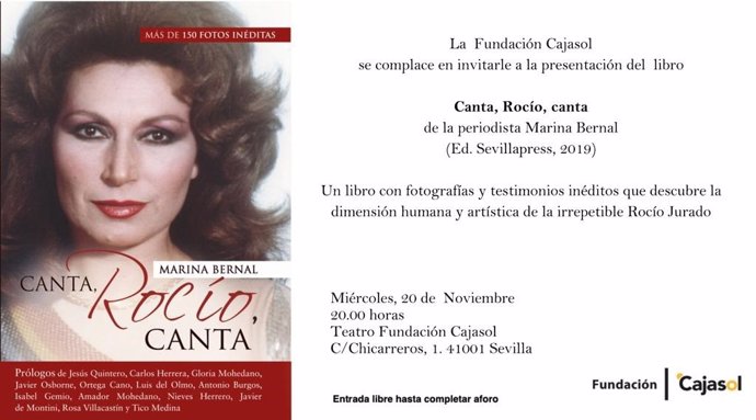 Cartel de la presentación del libro 'Canta, Rocío, canta' de la periodista Marina Bernal en Cajasol
