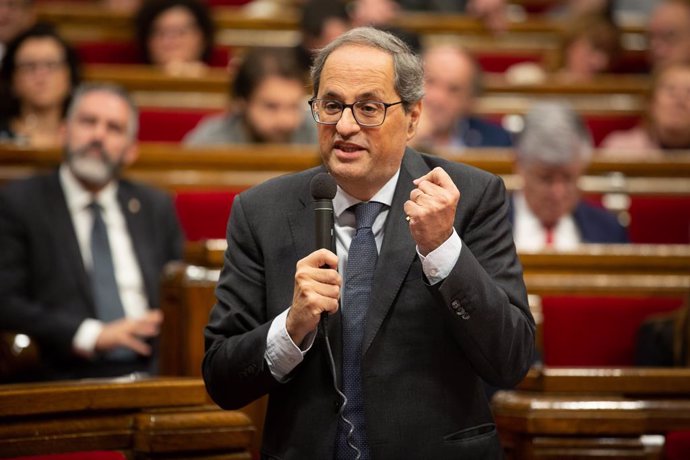 El president de la Generalitat de Catalunya, Quim Torra, durant la seva intervenció en una sessió plenria del Parlament, Barcelona /Catalunya (Espanya)