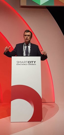 El alcalde de Murcia, José Ballesta, durante su intervención en el congreso Smart City Expo World