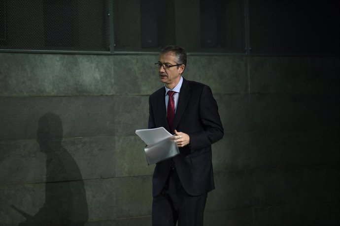 El gobernador del Banco de España, Pablo Hernández de Cos en la clausura del III Encuentro Económico-Asegurador organizado por la Mutualidad de la Abogacía, en el Auditorío Rafael del Pino, en Madrid, a 29 de octubre de 2019.