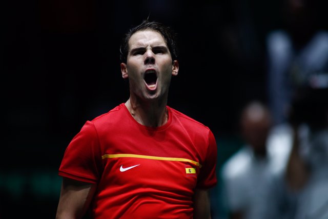 Rafael Nadal, player of Spain Team, celebrates the victory during his match played against Karen Khachanov, player of Russia Team, during Day 2 of the 2019 Davis Cup at La Caja Magica on November 19, 2019 in Madrid, Spain.