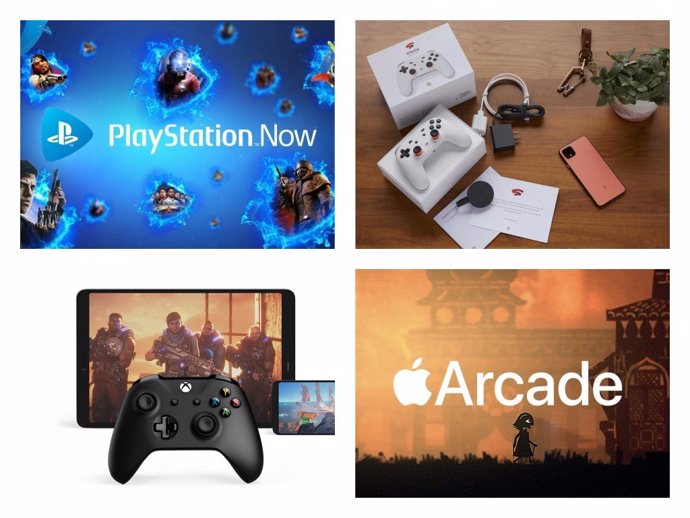 Los principales servicios de videojuegos por streaming: PlayStation Now, Google Stadia, Project xCloud y Apple Arcade (de izquierda a derecha y de arriba a abajo).