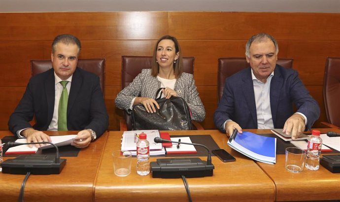 La consejera de Economía y Hacienda del Gobierno de Cantabria, María Sánchez; con el regionalista Francisco Ortiz (izda) y Lorenzo Vidal de la Peña, del PP, a la derecha