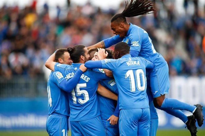 Hugo Fraile, jugador del Fuenlabrada, celebra un gol en Liga Smartbank contra el Deportivo de la Coruña en el Fernando Torres 