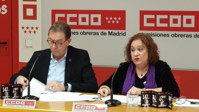 El secretario general de CC.OO. Madrid, Jaime Cedrún, y la secretaria de Mujeres, Pilar Morales, presentan un informe sobre violencia de género en Madrid.
