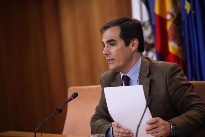 El portavoz parlamentario del PP-A, José Antonio Nieto, en rueda de prensa en el Parlamento de Andalucía.