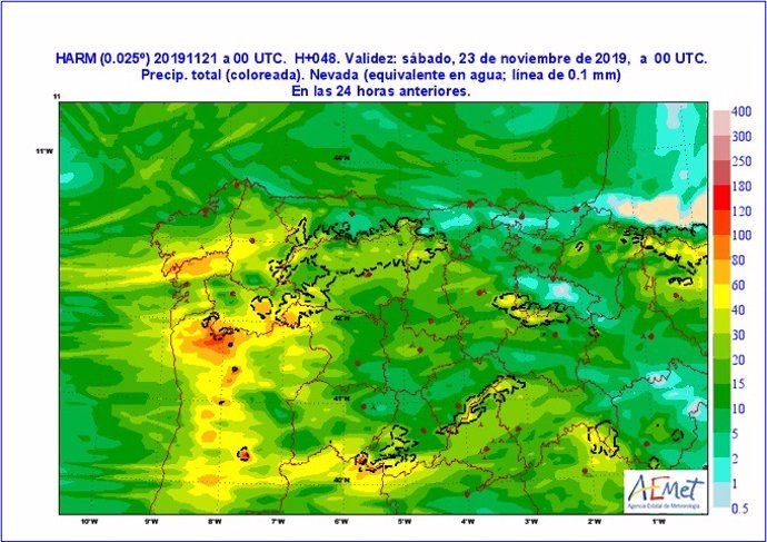 Gráfico de la Aemet sobre la previsión de lluvias en Castilla y León para el viernes 22 de noviembre