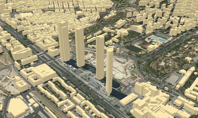 Cartografía de la zona de las Cuatro Torres, en Madrid, en 3D.