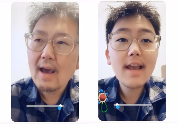 Ejemplo de la función Time Machine de Snapchat, que envejece (derecha) y rejuvenece (izquierda) la cara del usuario.