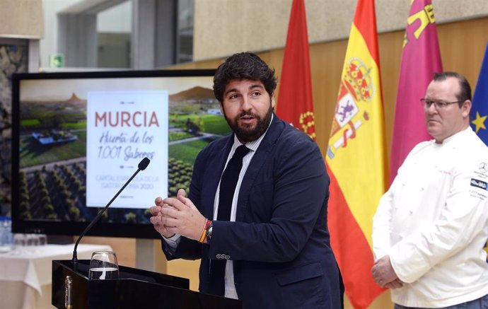 El presidente de la Comunidad, Fernando López Miras, en la presentación del proyecto de Murcia como Capital Española de la Gastronomía 2020