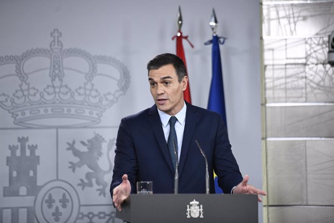El president del Govern en funcions, Pedro Sánchez, compareix davant els mitjans després de la seva reunió amb el president electe del Consell Europeu, Charles Michelen, Madrid (Espanya), 14 de novembre del 2019.