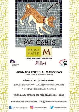 Cartel de la actividad organIzada por Asociación Soria Perruna para poder visitar la villa roman a La Dehesa acompañado de un perro.