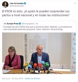 Inés Arrimadas comenta en Twitter las declaraciones del alcalde de León.