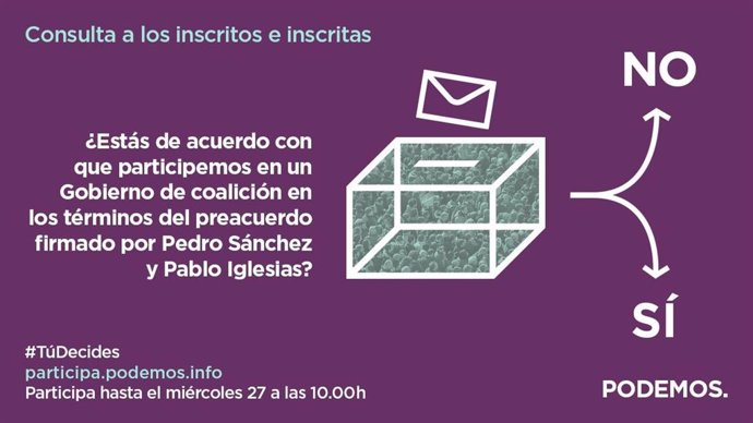 Imatge de la consulta als inscrits de la formació sobre el preacord de Govern amb el PSOE