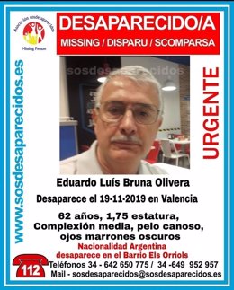 Valencia.- Sucesos.- Piden ayuda para localizar a un hombre de 62 años desaparec