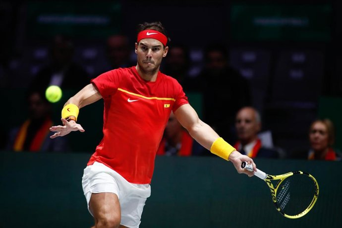 Rafael Nadal of Spain in action during the final match against Denis Shapovalov of Canada during the Day 7 of the 2019 Davis Cup at La Caja Magica on November 24, 2019 in Madrid, Spain.