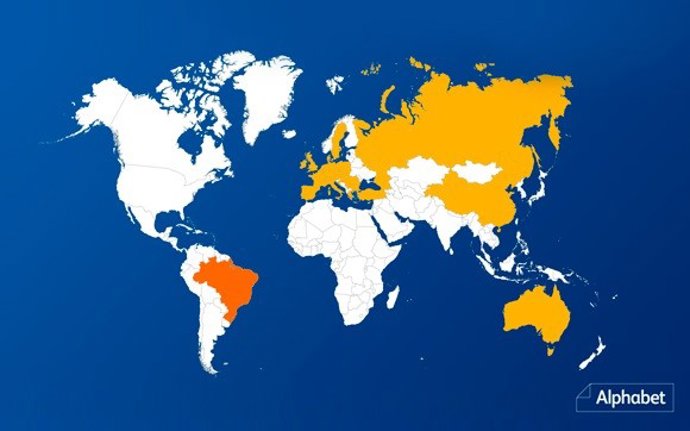 Mapa ilustrativo de la presencia de Alphabet en el mundo