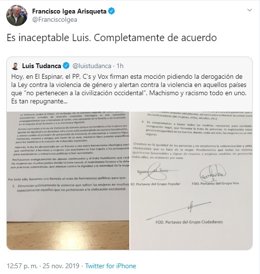 Tuit en el que el vicepresidente de la Junta y miembro de la Ejecutiva nacional de Cs, Francisco Igea, responde al secretario general del PSOE en Castilla y León, Luis Tudanca.