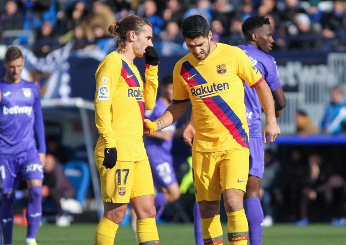 Antoine Griezmann, player of FC Barcelona from France and Luis Suarez, player of FC Barcelona from Uruguay, during the Liga match played between CD Leganes and FC Barcelona at Butarque Stadium on November 23, 2019, in Leganes, Madrid, Spain.