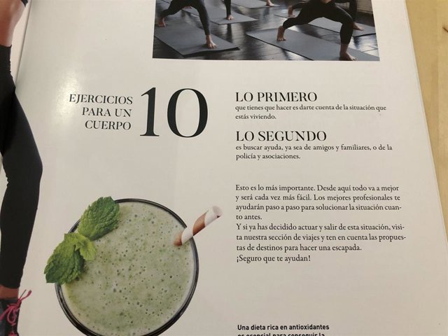 Una de las páginas de la falsa revista 'femenina' con datos de ayuda a las víctimas de la violencia de género en Dénia.