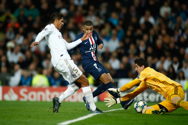 Kylian Mbappe of Paris Saint-Germain scores a goal during the UEFA Champions League football match, Group A, played between Real Madrid and Paris Saint-Germain at Santiago Bernabéu Stadium on November 26, 2019, in Madrid, Spain.