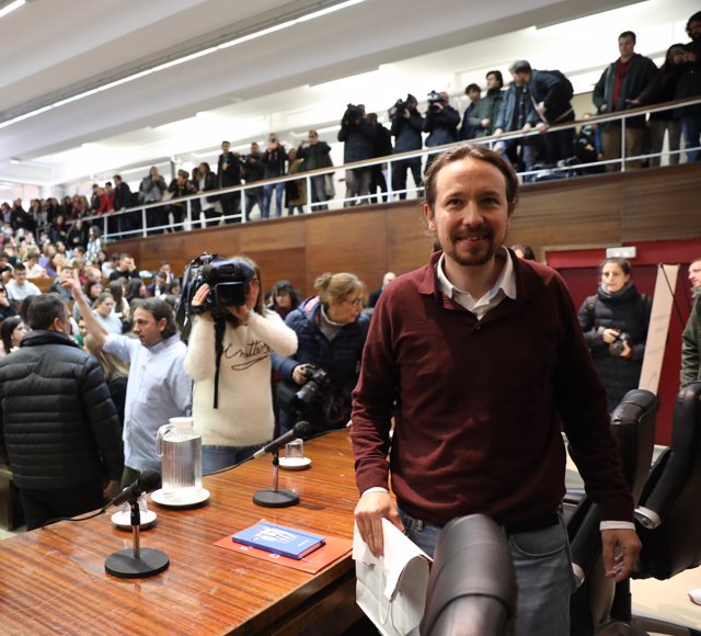 El secretario general de Unidas Podemos, Pablo Iglesias, participa en la charla ‘La lucha antifascista en la Unión de Estudiantes Progresistas’, Madrid, en Madrid (España), a 21 de noviembre de 2019.