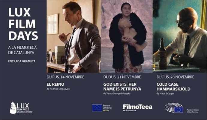 Cartell de la projecció a la Filmoteca de Catalunya, a Barcelona, de les tres pellícules finalista del Premi LUX de Cinema del Parlament Europeu