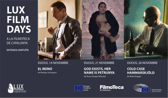 Cartell de la projecció a la Filmoteca de Catalunya, a Barcelona, de les tres pellícules finalista del Premi LUX de Cinema del Parlament Europeu