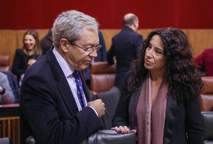 El consejero de Economía, Rogelio Velasco (i), conversa con la consejera de Igualdad, Rocío Ruiz, este miércoles en el Pleno del Parlamento.