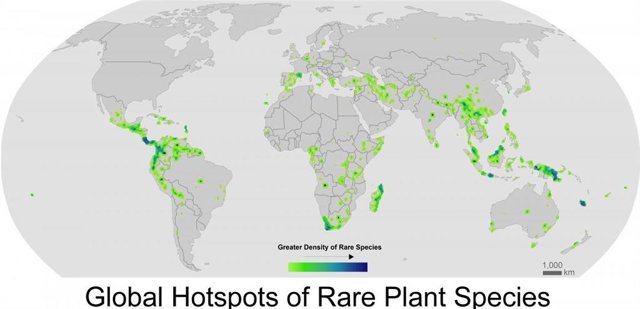 Mapa de puntos calientes de especies raras de plantas