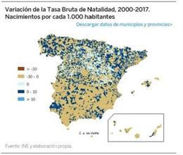 Variación de la Tasa Bruta de Natalidad en España entre 2000 y 2017.