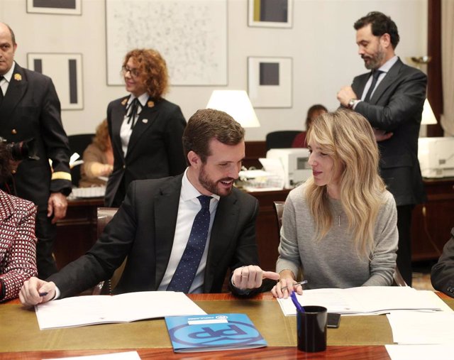 El presidente del Partido Popular, Pablo Casado (i), recoge el acta de diputado acompañado de la portavoz del Grupo Popular en el Congreso, Cayetana Álvarez de Toledo (d), en el Congreso de los Diputados, en Madrid (España), a 28 de noviembre de 2019.