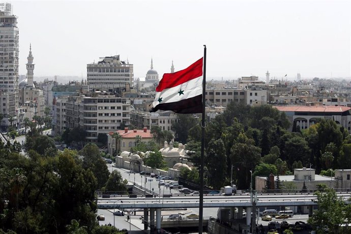 Bandera de Siria en Damasco, la capital.