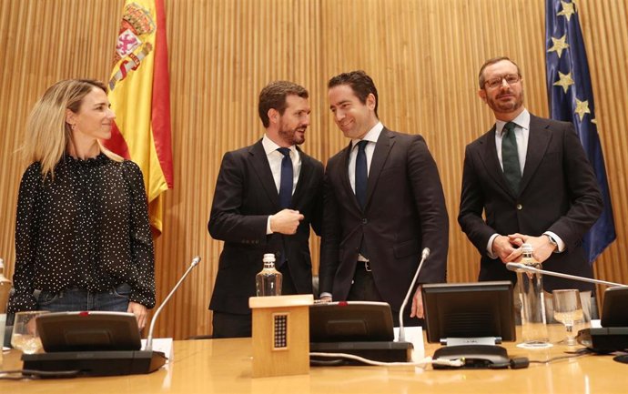 (I-D) La portavoz del PP en el Congreso, Cayetana Álvarez de Toledo; el presidente del Partido Popular, Pablo Casado; el secretario general del partido, Teodoro García Egea; y el portavoz del PP en el Senado, Javier Maroto, en la reunión de diputados y 