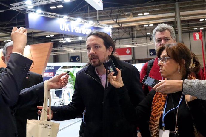 El secretario general de Unidas Podemos, Pablo Iglesias, atiende a los medios de comunicación a su llegada a la Conferencia de Naciones Unidas sobre el Cambio Climático (COP25), en Madrid (España), a 2 de diciembre de 2019.