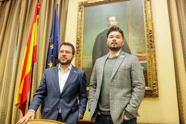 El coordinador nacional d'ERC i vicepresident del Govern, Pere Aragonés i el diputat d'ERC al Congrés dels Diputats, Gabriel Rufián, Madrid (Espanya), 2 de desembre del 2019.