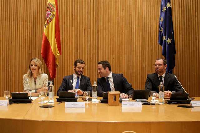 (I-D) La portavoz del Partido Popular en el Congreso, Cayetana Álvarez de Toledo; el presidente del Partido Popular, Pablo Casado; el secretario general del Partido Popular, Teodoro García Egea y el portavoz del PP en el Senado, Javier Maroto durante la r