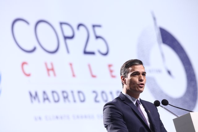 El presidente del Gobierno en funciones, Pedro Sánchez, durante su intervención en la ceremonia de inauguración de la Conferencia de Naciones Unidas sobre el Cambio Climático (COP25), en Madrid (España), a 2 de diciembre de 2019.