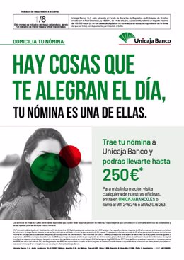 Material de campaña de Unicaja Banco para bonificar la domiciliación de nóminas en la entidad.