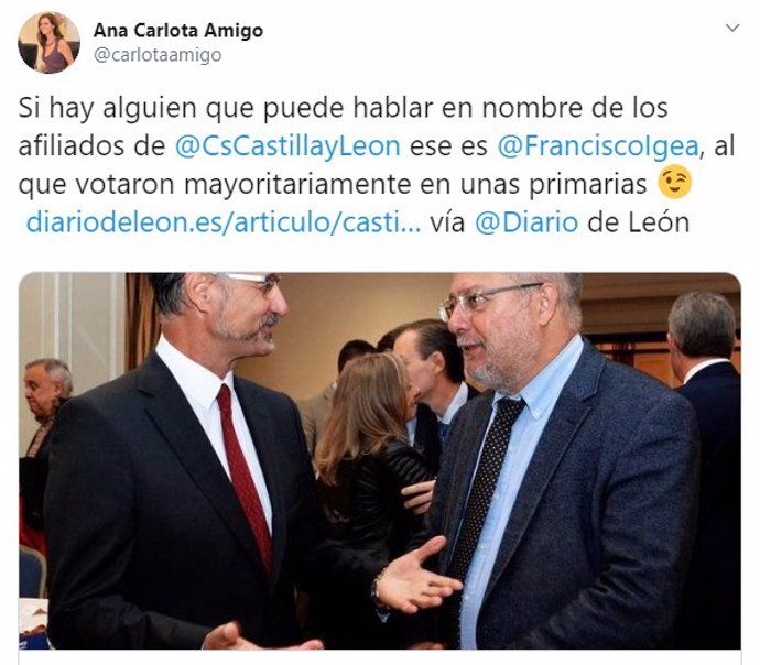 Tuit de la portavoz del Grupo Parlamentario de Ciudadanos en las Cortes, Ana Carlota Amigo.