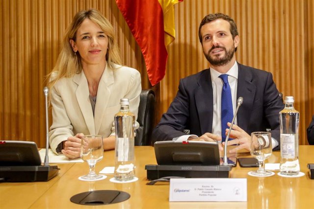 La portavoz del Partido Popular en el Congreso, Cayetana Álvarez de Toledo y el presidente del Partido Popular, Pablo Casado durante la reunión de los diputados y senadores electos en el Congreso de los Diputados, en Madrid, a 2 de diciembre de 2019.