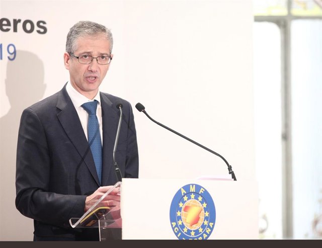 El gobernador del Banco de España, Pablo Hernández de Cos, durante su intervención en la Convención Anual Financiera de la Asociación de Mercados Financieros (AMF), en Madrid (España), a 18 e noviembre de 2019.