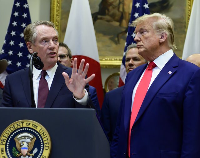 10/7/2019 - Washington, District of Columbia, United States of America: United States Trade Representative Robert Lighthizer, left, makes remarks as US President Donald J. Trump,(Ron Sachs / CNP / Contacto)