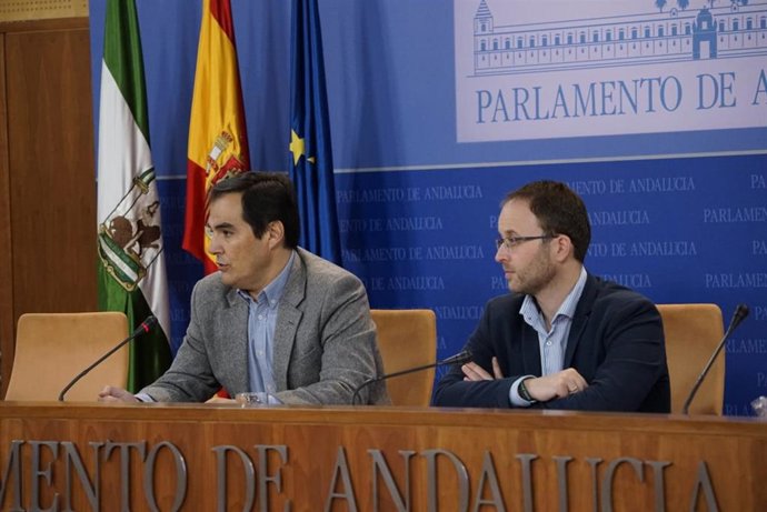 El portavoz parlamentario del PP-A, José Antonio Nieto, y el diputado Erik Domínguez en rueda de prensa