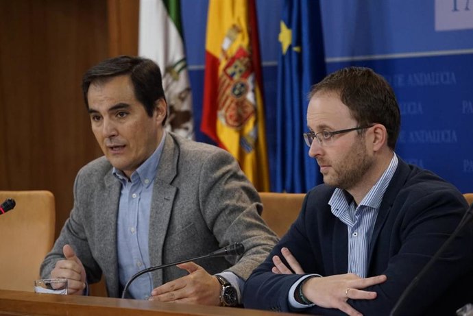 El portavoz parlamentario del PP-A, José Antonio Nieto, junto al diputado Erik Domínguez en rueda de prensa