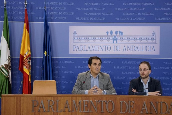 El portavoz parlamentario del PP-A, José Antonio Nieto, y el diputado Erik Domínguez en rueda de prensa